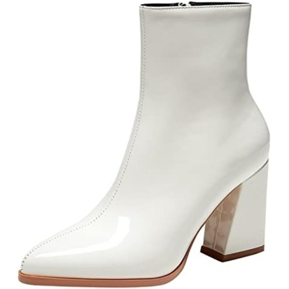 Women Ankle Boots Pointed Toe Chunky Block Heel Side Zipper Boots Size 6.5